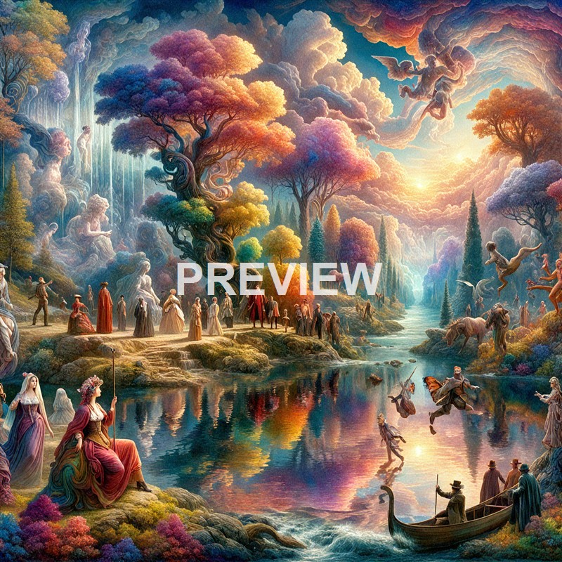 A fantastical, colorful landscape featuring a serene river surrounded by lush, multicolored trees, with mythical figures, flying creatures, and a boat carrying two men, all under a vibrant sky with clouds and a glowing sun.